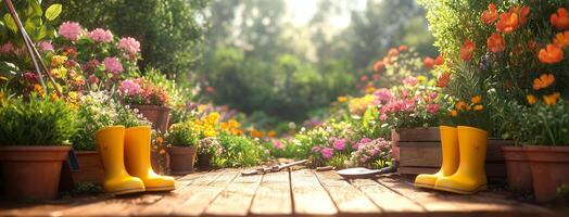 Vibrant flower garden with yellow boots on wooden deck during sunny day photo
