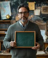 Teacher holds a chalkboard in a vintage classroom with books and maps in the background photo