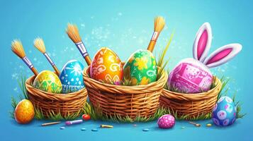 Colorful Easter eggs decorated and placed in baskets with brushes and pastel colors in a bright setting photo
