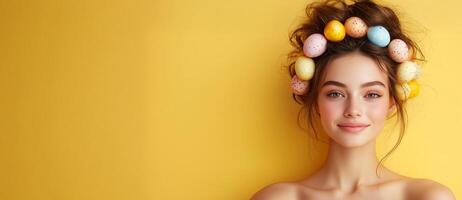 Model with colorful Easter egg crown against bright yellow background photo