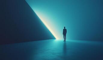 Mysterious figure standing in a vast space illuminated by vibrant blue light at twilight photo