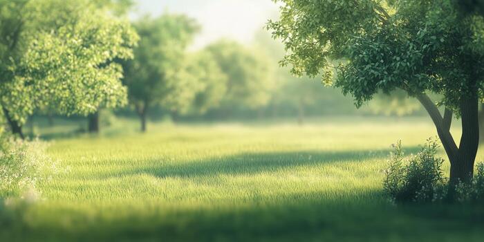 Peaceful green landscape with trees and sunlight filtering through in a quiet afternoon photo