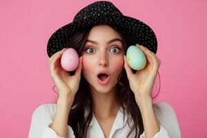 Surprised young woman holding colorful Easter eggs against pink background photo
