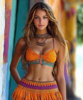 Brightly colored ethnic attire worn by a young woman in a vibrant outdoor setting photo