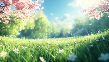 Beautiful spring landscape with blooming trees and lush green grass photo