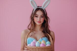 Young woman with bunny ears holding a basket of pastel Easter eggs against a pink background photo