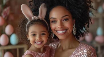 Joyful mother and daughter celebrate spring with festive outfits and smiles photo
