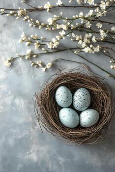 Nest with speckled blue eggs and delicate flowers on a gray background photo