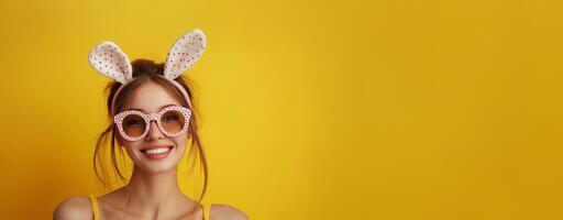 Smiling woman wearing sunglasses and bunny ears on a vibrant yellow background during a festive celebration photo