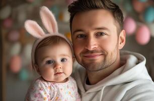Father and baby celebrating spring with festive bunny headband in colorful decor photo
