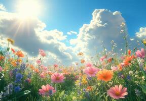 Vibrant wildflower field under a sunny sky with fluffy clouds in the background photo