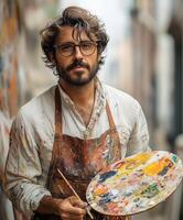 Portrait of a male painter holding a palette in an urban art-filled alley photo
