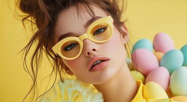 Colorful fashion portrait of a model with yellow sunglasses in a vibrant spring setting photo