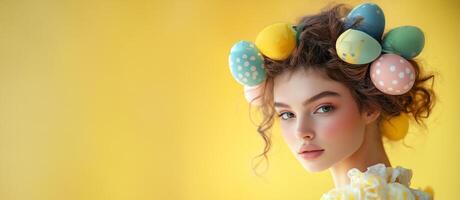 Creative portrait of a model with colorful egg hair accessories against a bright yellow background photo