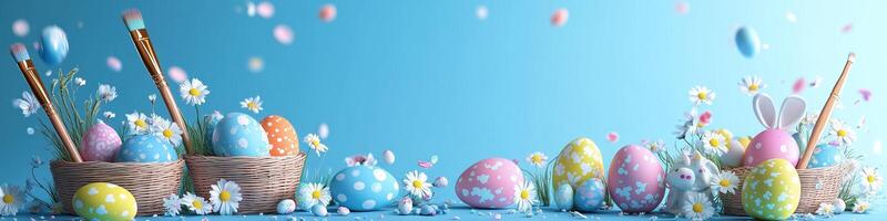 Colorful Easter eggs and decorations with flowers and brushes on a blue background photo