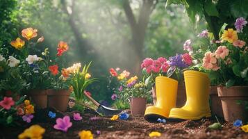 Vibrant garden with colorful flowers and yellow boots surrounded by pots in a sunlit setting photo