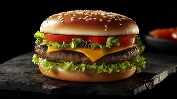 Juicy cheeseburger with fresh vegetables on a slate plate photo
