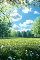 Bright sunny day with lush green grass and blooming flowers in a serene park setting photo