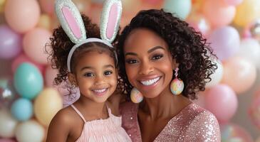 Mother and daughter celebrate a joyful moment at a pastel-themed party with bunny accessories photo