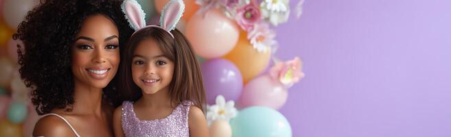 Celebration of joy with a mother and daughter at a colorful party backdrop in springtime photo