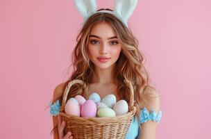 Young woman wearing bunny ears holds basket of colorful eggs against pink background in springtime setting photo