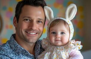 Smiling father holds baby wearing bunny ears in a colorful room during a joyful moment photo