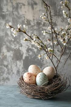 Decorative nest with speckled eggs and blooming branches on textured background photo