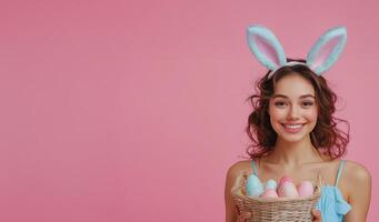 Smiling young woman with bunny ears holding a basket of colorful Easter eggs against a pink background photo