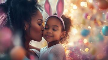 Mother and daughter sharing a tender moment during a festive celebration with colorful decorations photo