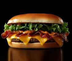 Delicious cheeseburger with bacon and lettuce on a black background for enticing food presentation photo