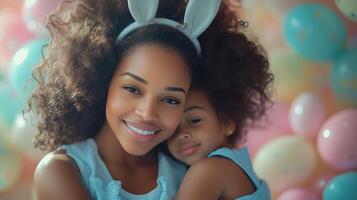 Smiling mother and daughter celebrate together among colorful Easter decorations photo