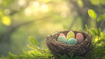 Colorful Easter eggs nestled in a natural nest among vibrant greenery during springtime photo