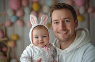 Happy father and baby sharing a joyful moment during a festive celebration in a colorful setting photo