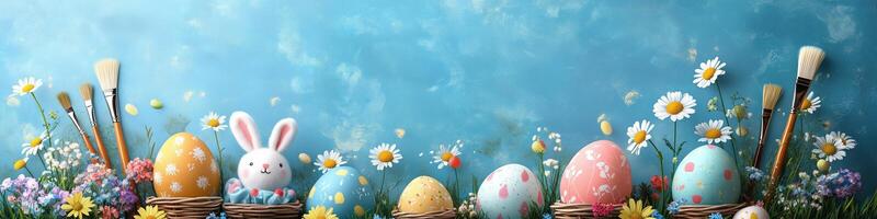 Colorful easter eggs and bunny decorations arrange for spring festivities in a bright setting photo