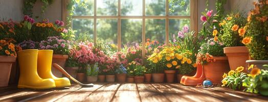 Bright and vibrant indoor garden filled with colorful flowers and gardening tools in warm sunlight photo