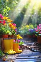 Vibrant flowers and gardening tools in a sunny garden pathway with yellow boots photo