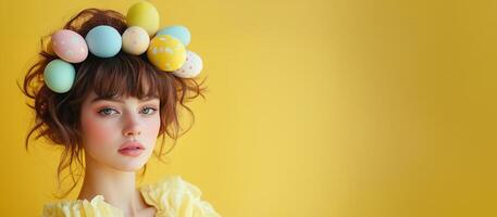 Woman with colorful egg crown poses against a vibrant yellow backdrop for spring celebration photo