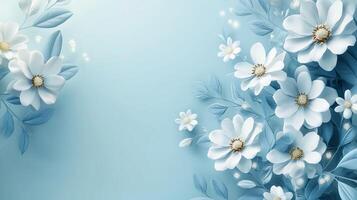 Beautiful blue floral arrangement with delicate white flowers and green leaves on a soft gradient background photo