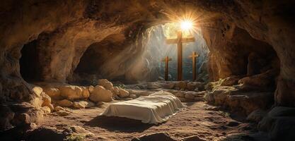 Three crosses shine in a cave with a stone bed, capturing a moment of serene reflection at dawn photo