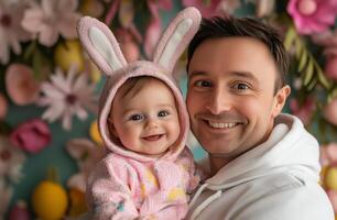 Father and baby girl smile together in colorful spring-themed setting with flowers and decorations photo