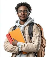 Young student smiling while holding books and wearing a backpack indoors photo