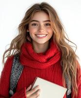 Young woman in red sweater smiling while holding a book against a bright background photo