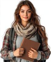 Young woman holding a book and wearing a scarf with a backpack in a cheerful setting photo
