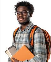 Student smiling with books and backpack in a bright studio setting photo