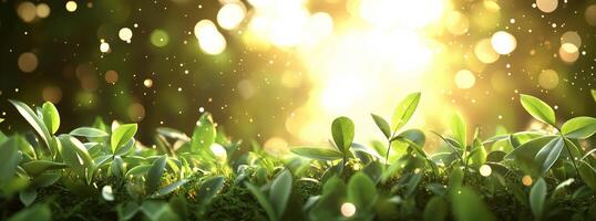 Sunlight filters through leaves creating a serene garden atmosphere with glimmering particles photo