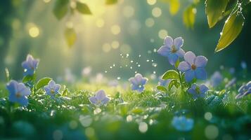 Vibrant wildflowers illuminated by soft sunlight in a tranquil forest during spring photo
