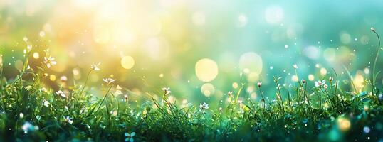 Vibrant wildflowers bloom in a sunlit meadow with sparkling light during golden hour photo