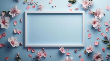 Beautiful white frame surrounded by pink cherry blossoms on a soft blue background photo