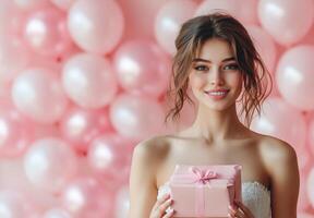 Young woman smiling while holding a gift in front of a pink balloon backdrop photo