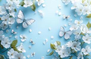Beautiful butterflies and blooming flowers create a serene atmosphere in a soft blue setting photo